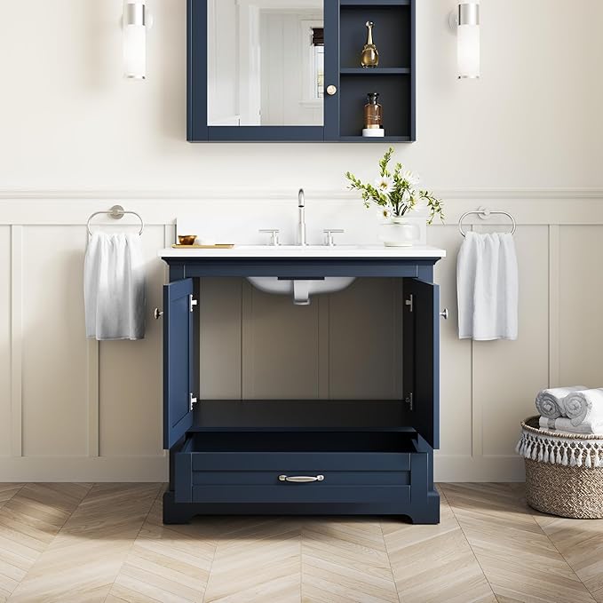 WELLFOR 36" Bathroom Vanity with Sink, Bathroom Freestanding Vanity W/ 2 Soft-Close Doors and 1 Soft-Close Drawers, Bathroom Cabinet Vanity with Cultured Marble Countertop (Navy Blue)