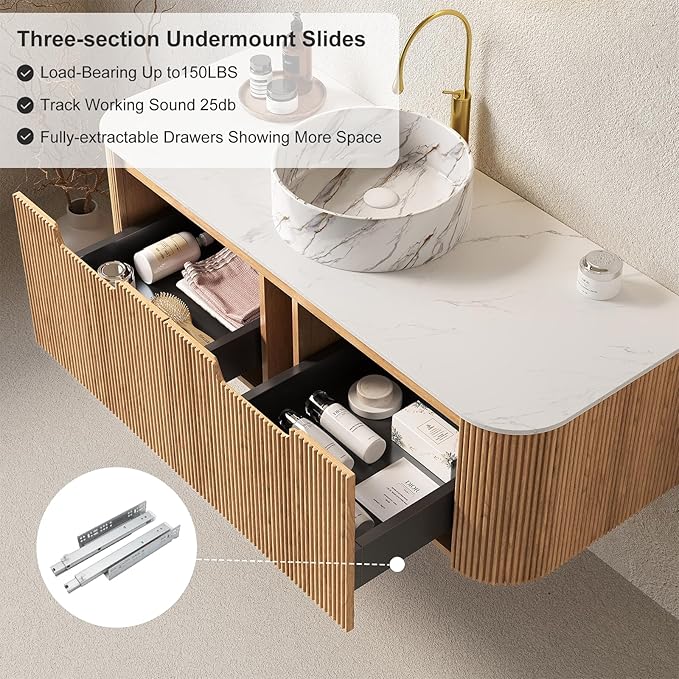 48" Floating Bathroom Vanity with Sink, Plywood Bathroom Storage Cabinet with Ultra-Thin Marble Ceramic Basin and Countertop, Large Soft-Closing Storage Drawer, Pre-Assembled, Nature Wood
