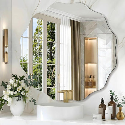 CILIBER Wavy Mirror for Wall, 30'' Scalloped Frameless Round Mirror, 3mm Tempered Glass Decorative Bathroom Vanity Mirror, Mounting/Leaning for Mantel, Living Room, Bedroom and Entryway