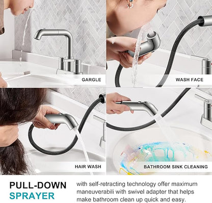 KENES Pull Down Bathroom Faucet with Sprayer, Brushed Nickel 4 Inch 2 Handle Centerset Bathroom Faucets 3 Hole with Pull Out Sprayer, Vanity Faucet with Pop Up Drain & Supply Lines LJ-9059A