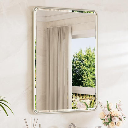 Brushed Nickel Bathroom Mirror for Over Sink 24 x 36 Beveled Edge Tempered Glass, Rounded Corner Rectangle Framed Mirror for Modern Bathroom, Living Room, Bedroom, Entryway