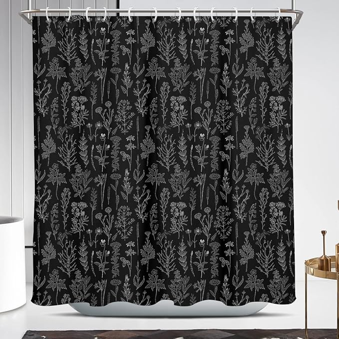 Coxila Vintage Floral Shower Curtain Long Wide Black Flower Retro Farmhouse Rustic Dark Spring Botanical Plant Country Boho Cute Wildflower Nature Bathroom 72 x 72 Inch Polyester Fabric 12 Pack Hooks