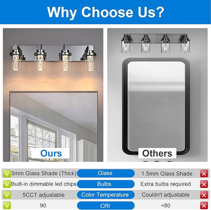 MELUCEE 4-Light LED Bathroom Lighting Fixtures Chrome, 5CCT Adjustable | Dimmable LED Vanity Light for Bathroom Bubble Crystal Bathroom Wall Lights with Clear Glass Shade, Built-In LED Chips