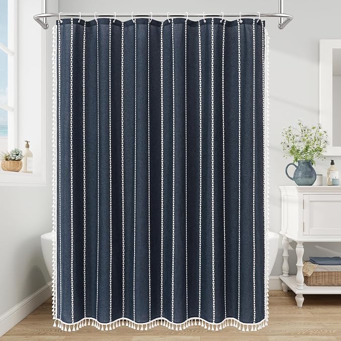 Boho Farmhouse Tassel Linen Shower Curtain,3D Embroidery Stripe Navy,72x78 | Long Tall,310GSM Linen Texture Heavy Duty Cloth,Water Repellent,Wrinkle Resistant,Vintage Rustic Country design