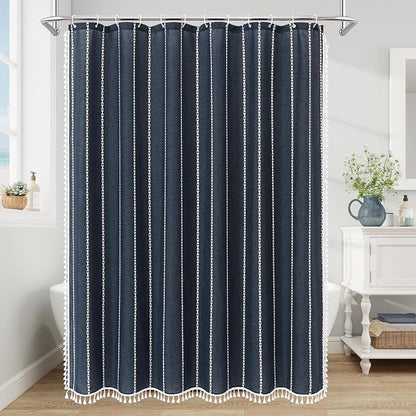 Boho Farmhouse Tassel Linen Shower Curtain,3D Embroidery Stripe Navy,72x78 | Long Tall,310GSM Linen Texture Heavy Duty Cloth,Water Repellent,Wrinkle Resistant,Vintage Rustic Country design