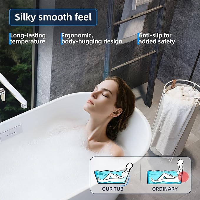 59 Inch Acrylic Freestanding Bathtub, Deep Soaking Tub with Non-Slip Base, CUPC Certified Free Standing Tub, Chrome Drain Bath Tub, Modern Tub for Bathrooms, White