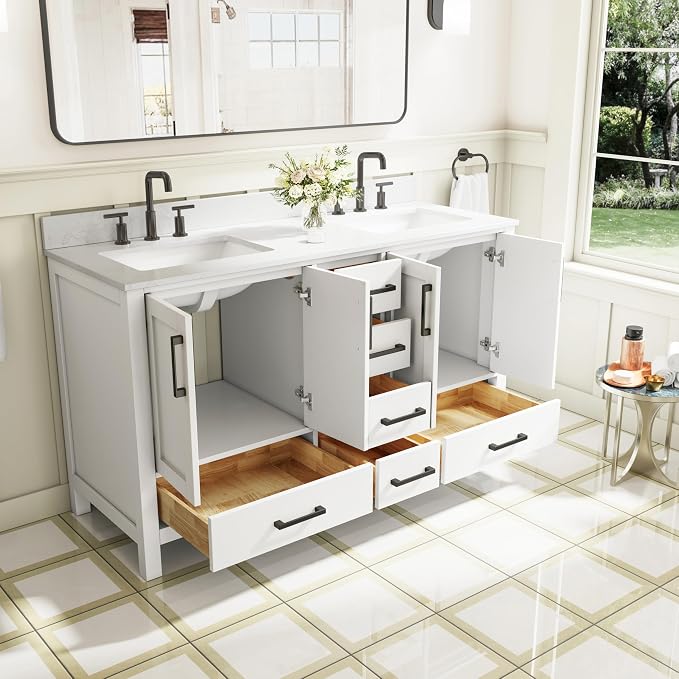 60-Inch Bathroom Vanity with Sink, 4 Soft-Close Doors and 6 Soft-Close Drawers, Bathroom Freestanding Vanity with Cultured Marble Countertop, White Vanity with Matte Black Handles