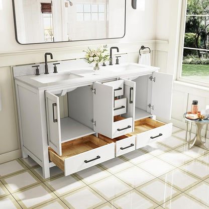60-Inch Bathroom Vanity with Sink, 4 Soft-Close Doors and 6 Soft-Close Drawers, Bathroom Freestanding Vanity with Cultured Marble Countertop, White Vanity with Matte Black Handles