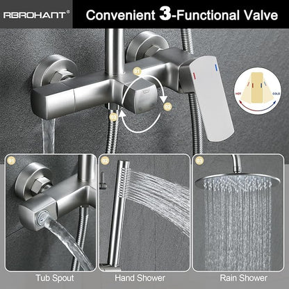 RBROHANT Exposed Shower System with Tub Spout, Brushed Nickel Exposed Pipe Shower Faucet with 3 Functions Brass Shower Valve, Shower Height Adjustable, Wall Mounted