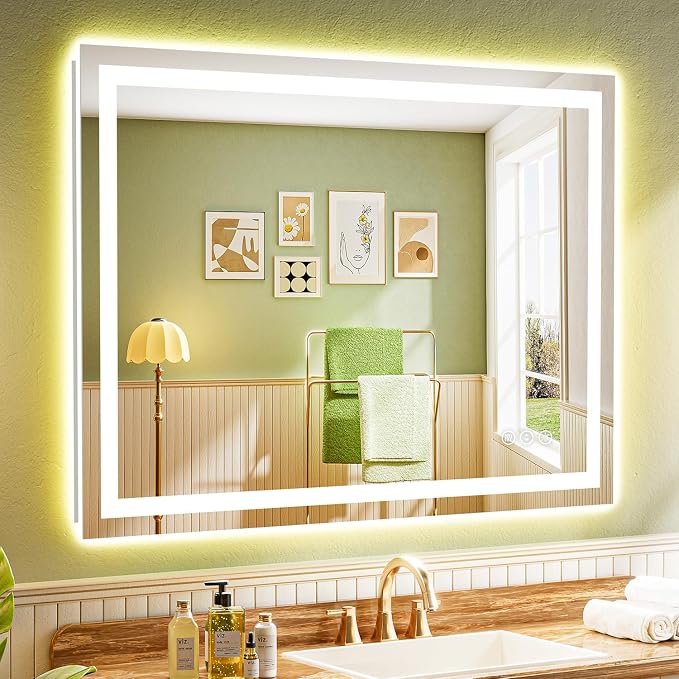 44x32 LED Bathroom Mirror with Lights, Lighted Vanity Mirror | Backlit and Front Light, Anti-Fog, 3 Color Dimmable, Memory, Tempered Glass, IP54 Waterproof, UL Listed