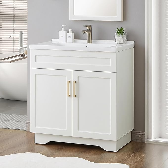 Bathroom Vanity with Ceramic Sink, Bathroom Vanity Cabinet with 2 Doors, 32 Inches Wooden Cabinet with Sink, White