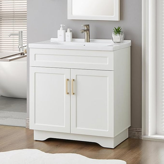 Bathroom Vanity with Ceramic Sink, Bathroom Vanity Cabinet with 2 Doors, 32 Inches Wooden Cabinet with Sink, White
