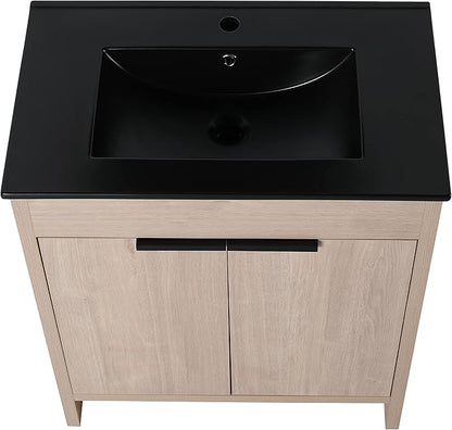 SSLine 30-Inch Bathroom Vanity with Sink Mid-Century Bathroom Vanities with Black Top Basin Floor Wood Bathroom Sink Cabinet with Soft-Close Doors & Adjustable Storage Shelves (Light Oak)