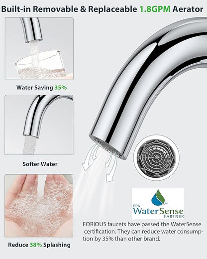 FORIOUS Single Hole Bathroom Faucets 3 Hole One Handle 360° Swivel Gooseneck Spout, Lead-Free, Suitable for Wet Bar Kitchen RV Vanity Restroom,with Pop Up Drain and Supply Line