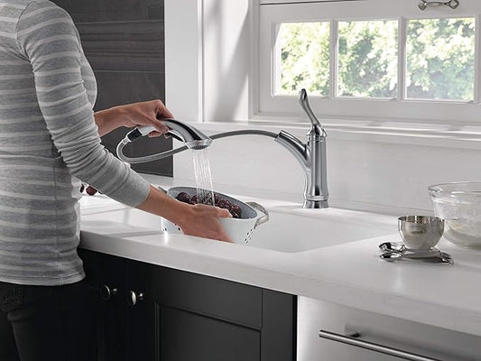 Delta Faucet Linden Pull Out Kitchen Faucet, Brushed Nickel Kitchen Sink Faucet, Kitchen Faucet with Pull Out Sprayer, Arctic Stainless 4353-AR-DST