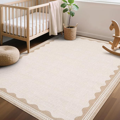 Garvee Scalloped 5x7 Washable Living Room Rug Non Slip Modern Rugs Beige | Ultra Soft Non-Shedding Floor Cover Low Pile Stain-Resistant Bordered Print Throw Carpet for Bedroom Kids Room Dorm