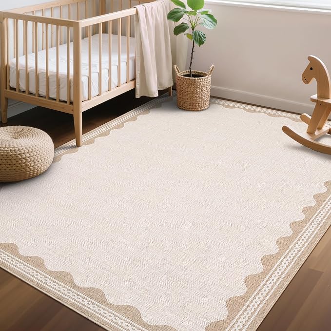 Garvee Washable Rug 4x6 Living Room Rug Modern Bordered Accent Rugs Beige | Ultra Soft Non Slip Lightweight Floor Mat Low Pile Stain-Resistant Foldable Carpet for Living Room Bedroom Nursery Dorm