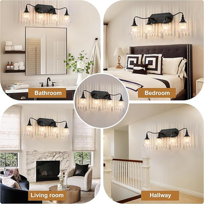 Bathroom Vanity Black Vintage Light Fixture, 4 Lights Bathroom Lighting Matte Antique Brass Finish with Crystal Glass Shade, Black Vintage Vanity Light for Bathroom‘s