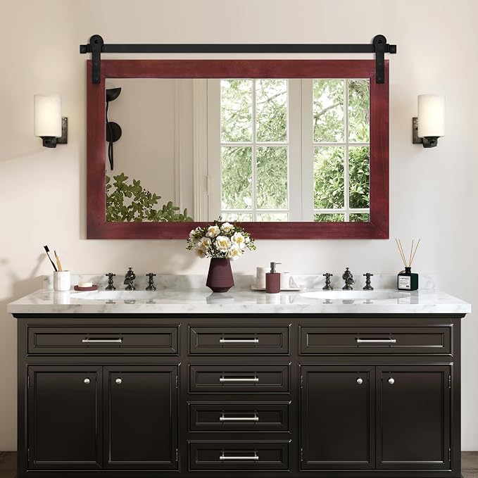 COGOOD Farmhouse Bathroom Mirrors for Over Sink - 30 x 41 Espresso | Rustic Barn Door Wood Framed Vanity Mirror for Entryway, Living Room, Bedroom, Dresser Wall Decor