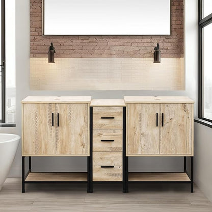 UEV Rustic Oak 60" Double Bathroom Vanity with Sink Combo,Industrial Iron Frame 2 Main Bathroom Vanity with Middle 3 Drawers Cabinet(Without Sink Combo)