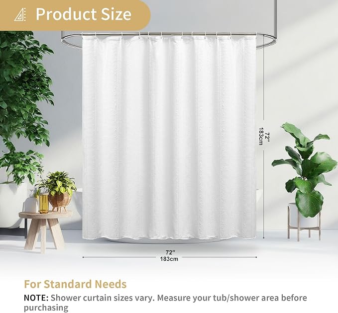 White Shower Curtain Boho, Textured Shower Curtain Cotton Blend Waffle Weave Stripe Fabric Shower Curtains for Bathroom, Hotel, Washable, 72 x 72