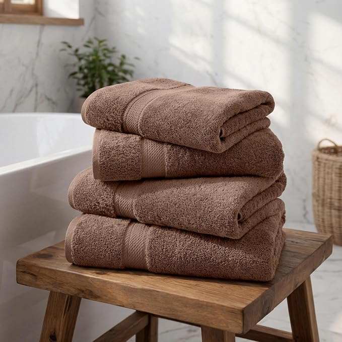 Superior Egyptian Cotton Plush & Absorbent, Bath Towel Set of 4, Chocolate | Quick Dry, Soft Luxury Towel Set, Bath Essentials for Bathroom, Guest Bath, Spa, 4 Piece Bath, Madeline Towels