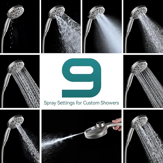 Foldable Rainfall Shower Head 9 Spray Settings/Modes Handheld Showerheads | High Pressure Shower Heads with Handheld Spray Combo, Built-in Magnetic Docking, Power Jets, Stainless Steel Shower Hose