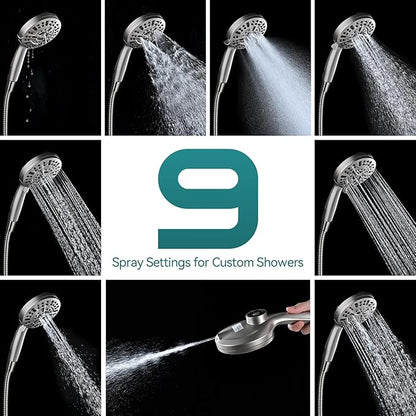 Foldable Rainfall Shower Head 9 Spray Settings/Modes Handheld Showerheads | High Pressure Shower Heads with Handheld Spray Combo, Built-in Magnetic Docking, Power Jets, Stainless Steel Shower Hose