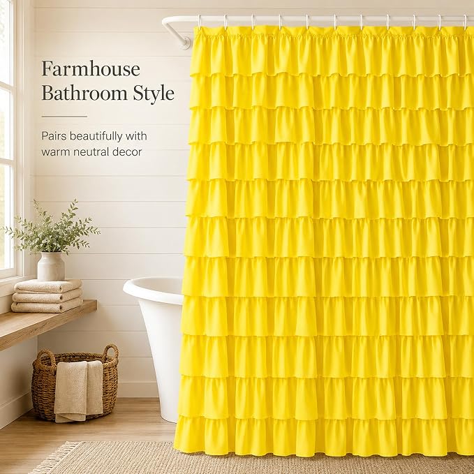 Yellow Shower Curtain for Bathroom, 72 x 84, Soft Ruffled Edge Detailing | Cascading Waterfall Ruffle Design, 72x84 inch, 7ft, 12 Hook Included, Machine Washable, Elegant Understated Farmhouse Style