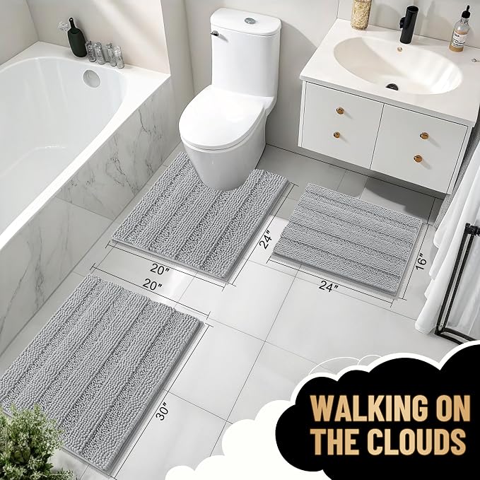 OLANLY Thick Bathroom Runner Rugs 47x24, Chenille Bath Rugs, Light Grey | Absorbent Striped, Rubber Backing, Machine Wash, Long Bath Mats for Bathroom Floor, Tub and Shower, Home Decor Accessories