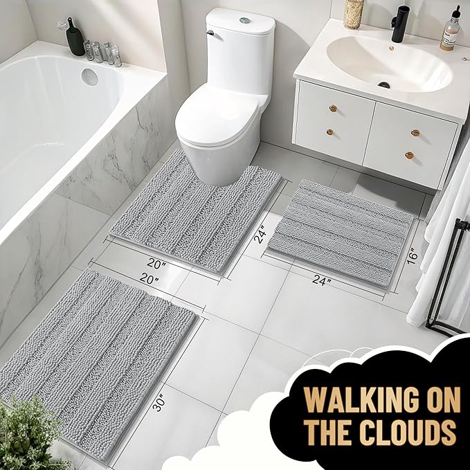 OLANLY Thick Bathroom Runner Rugs 59x20, Chenille Bath Rugs, Light Grey | Absorbent Striped, Rubber Backing, Machine Wash, Long Bath Mats for Bathroom Floor, Tub and Shower, Home Decor Accessories