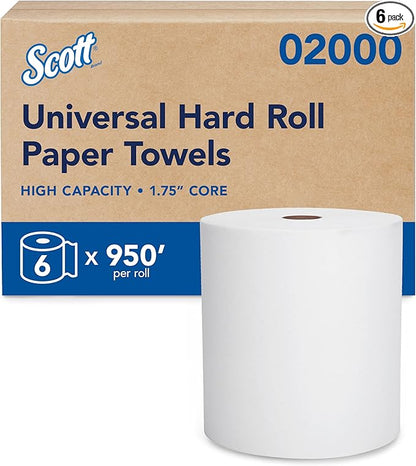 Scott Professional Essential Universal High-Capacity Hard Roll Paper Towels, Bulk (02000), Hardwound 1.75" Core, White, Compact for Easy Storage (6 Rolls at 950' Each, 5,700'/Case)
