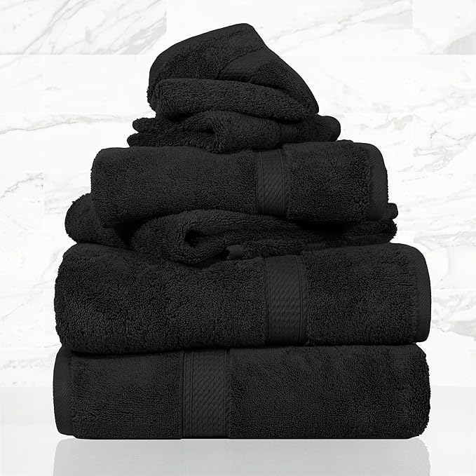 SUPERIOR Egyptian Cotton Ultra Plush & Absorbent, 6 Piece Set, Black | Quick Dry, Soft Luxury Towel Set, Bath Essentials, Guest Bath, Spa, 2 Bath, 2 Hand, 2 Face Towels, Madeline Towels