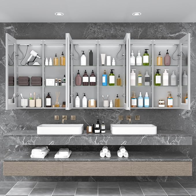 96x40" Extra-Wide LED Medicine Cabinet w/ Mirror, 5-Door Anti-Fog, Bathroom | Smart Touch, 3-Color Dimming, 10-Level Brightness, 5-Door Storage, Adjustable Shelves, DTC Soft-Close, 96" Double Vanity