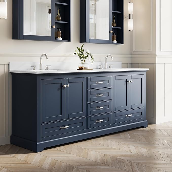 WELLFOR 80" Bathroom Vanity with Double Sinks, Bathroom Freestanding Vanity W/4 Soft-Close Doors and 6 Drawers, Large Storage Space Vanity, Cultured Marble Countertop (Navy Blue)