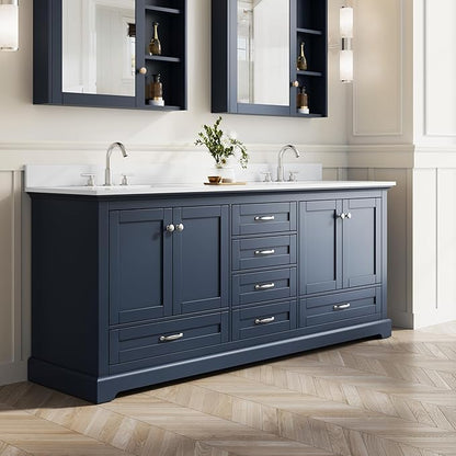 WELLFOR 80" Bathroom Vanity with Double Sinks, Bathroom Freestanding Vanity W/4 Soft-Close Doors and 6 Drawers, Large Storage Space Vanity, Cultured Marble Countertop (Navy Blue)