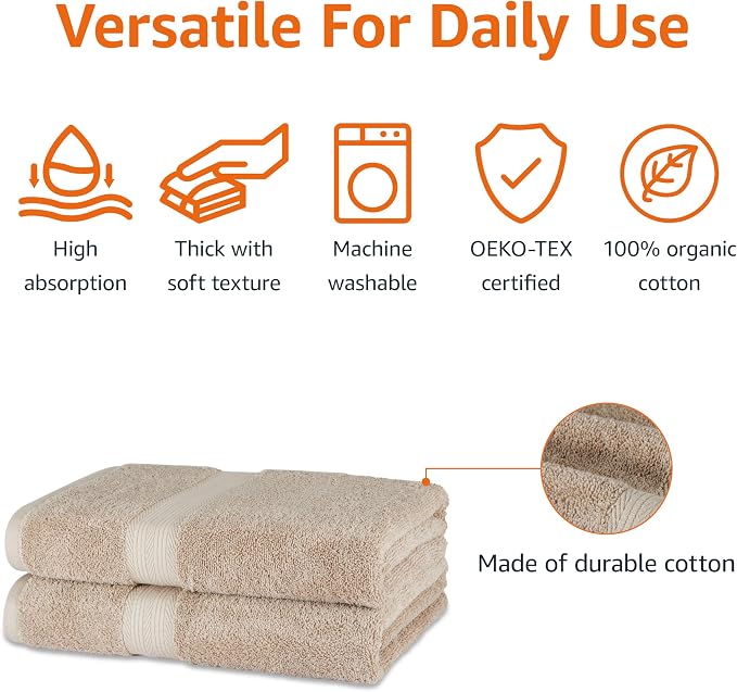 Amazon Basics Fade-Resistant 100% Cotton Bath Towel, Machine Washable, 30"x54", Taupe, 2-Pack
