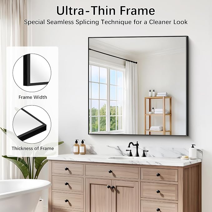 DESBING 36" x 36" Bathroom Mirror, Black Metal Frame Wall Mirror | HD Image,Shatterproof Decorative Square Vanity Mirror for Bedroom Bathroom Living Room Entryway Horizontal or Vertical