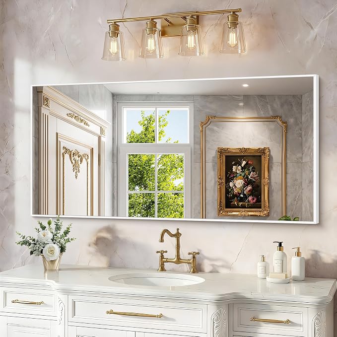 BONEWEI White Bathroom Mirror,24x48 inch Wall Mirror for Bathroom Wall Mounted,Rectangle Mirror for Bathroom Over Sink,Modern Metal Frame for Living Room,Bedroom Entryway,Horizontal/Vertical