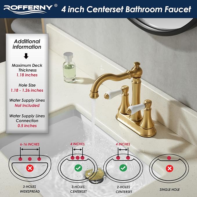 Porcelain 2-Handle Brushed Gold Bathroom Faucet 4 Inch Centerset | with Plastic Pop-up Drain, Classical Gold Bath Lavatory Vanity Faucets for 2/3 Hole Sinks, High Arc 360° Swivel Brass Spout