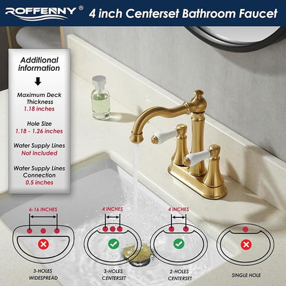 Porcelain 2-Handle Brushed Gold Bathroom Faucet 4 Inch Centerset | with Plastic Pop-up Drain, Classical Gold Bath Lavatory Vanity Faucets for 2/3 Hole Sinks, High Arc 360° Swivel Brass Spout