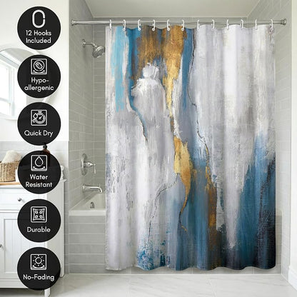 Americanflat 71x74 Marbled Texture Shower Curtain - Water-Resistant Long Shower Curtain with Durable Metal Grommets and 12 Hooks - 100% Polyester - Slate Blue, Warm Gold, Grey and White