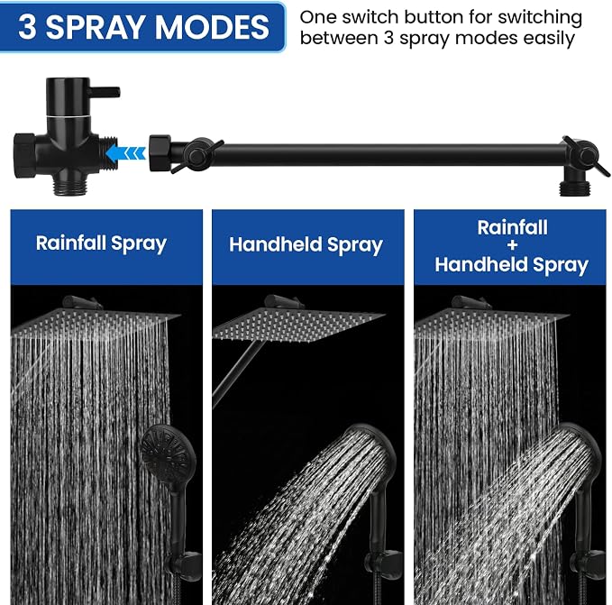 Shower Head, 12'' High Pressure Rainfall/Handheld Shower Combo, Matte Black | 9 Settings, Anti-leak Shower Head with 11'' Extension Arm, Holder, Hose, Height/Angle Adjustable Shower, 1.75GPM