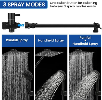 Shower Head, 12'' High Pressure Rainfall/Handheld Shower Combo, Matte Black | 9 Settings, Anti-leak Shower Head with 11'' Extension Arm, Holder, Hose, Height/Angle Adjustable Shower, 1.75GPM