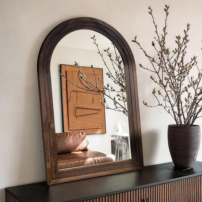 Arched Bathroom Mirror, 36"x24" Brown Wood Frame Wall Mirror | Farmhouse Vintage Vanity Mirror with Layered Frame for Entryway, Living Room, Bedroom