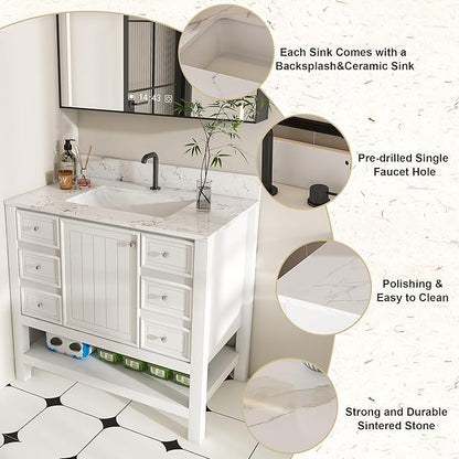 Montary 36" Bathroom Vanity with 37" Artificial Marble Carrara White Top, Modern Stylish MDF Bathroom Storage Cabinet, Freestanding Vanity Set with One Cabinet & 3 Drawers, White (Single Hole)