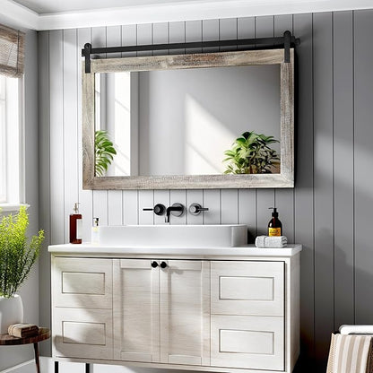 COGOOD Farmhouse Bathroom Mirrors for Over Sink - 26 x 41 Yellow White | Rustic Barn Door Wood Framed Vanity Mirror for Entryway, Living Room, Bedroom, Dresser Wall Decor