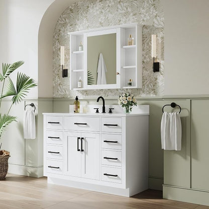48-Inch Bathroom Vanity with Sink W/ 2 Doors & 8 Drawers & 1 Flip Drawer, White Vanity W/Matte Black Handles