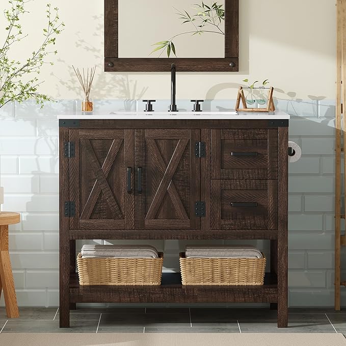AMERLIFE 36" Farmhouse Bathroom Vanity with Sink Combo, Freestanding Small Single Wood Barn Door Bath Storage Cabinet Set with Sliding Drawers & Open Shelf, Paper Towel Holder, Rustic Brown