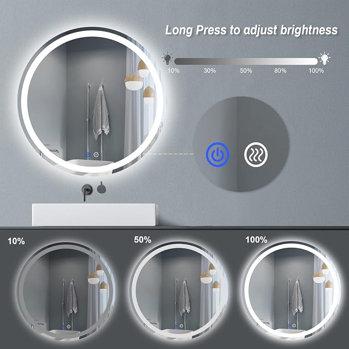 24" LED Bathroom Mirror Round Vanity Mirror, Anti-Fog, Dimmable, 3 Color Temperature, Memory Function Led Wall Mirror for Bathroom, Vanity, Shaving (Vertical/Horizontal)